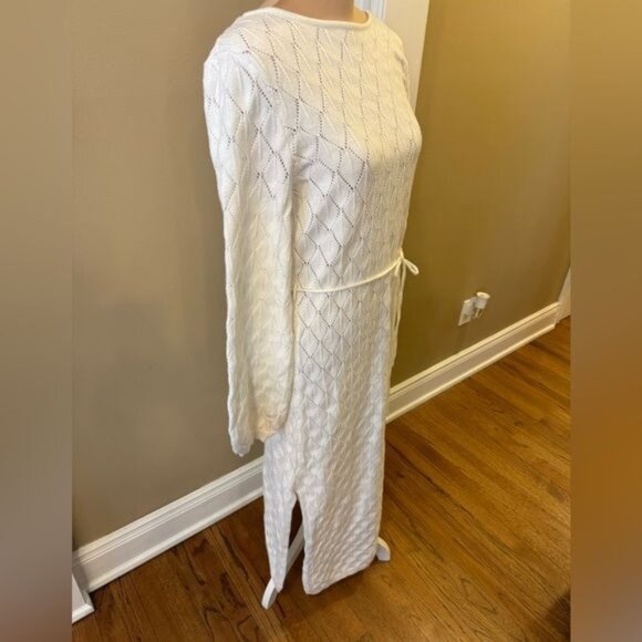 Scoop Back Open Knit Dress Size XL Ivory Maxi Balloon Sleeves Belt Bridal - Picture 6 of 13